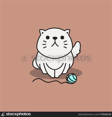 Cute Adorable Persian Cat Kitten Playing Yarn Ball Cartoon Illustration