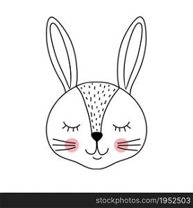 Cute adorable rabbit in doodle style on white background.