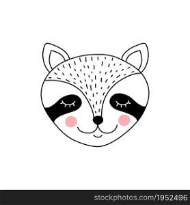 Cute adorable raccoon in doodle style on white background.