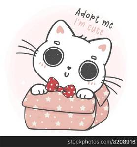 cute adorable white kitten cat wears red bow in pink box with please eyes, adopt me, I am cute. cute cartoon animal pet hand drawing vector
