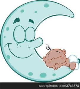 Cute African American Baby Boy Sleeps On Blue Moon Cartoon Characters