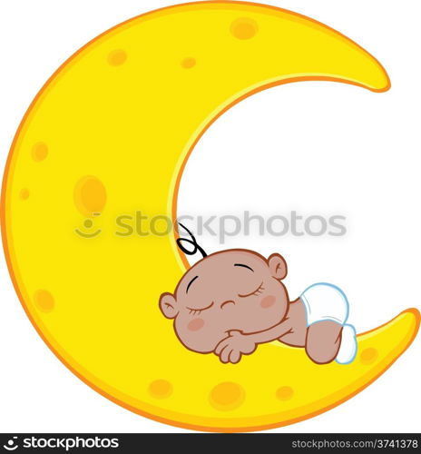 Cute African American Baby Boy Sleeps On Moon Cartoon Character