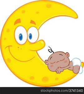 Cute African American Baby Boy Sleeps On The Smiling Moon