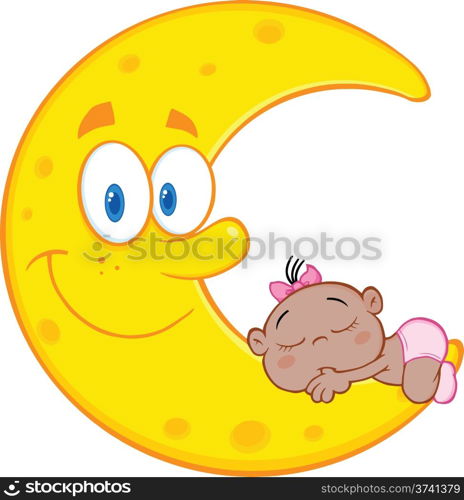 Cute African American Baby Girl Sleeps On The Smiling Moon Cartoon Characters
