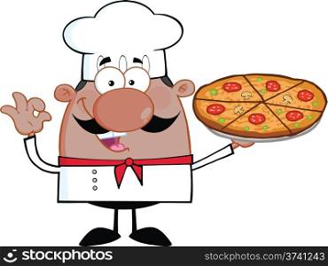 Cute African American Chef Cartoon Character Holding A Pizza Pie