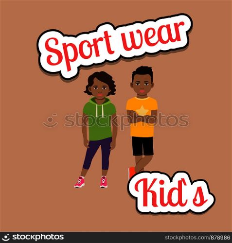 Cute african american children in sport wear style vector concept. African children in sport wear style