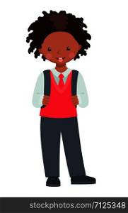 Cute African American School boy character with backpack isolated on white background. Happy pupil in school uniform. Education concept. Vector illustration.. Vector cute African American School boy character.