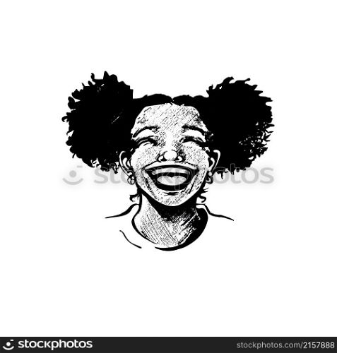 Cute african american young woman, teenager girl, laughing heartily, lips wide open, shining teeth, with curly hair in pigtails. Realistic hand drawn joyful face, black and white female portrait