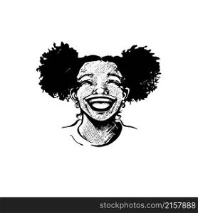 Cute african american young woman, teenager girl, laughing heartily, lips wide open, shining teeth, with curly hair in pigtails. Realistic hand drawn joyful face, black and white female portrait