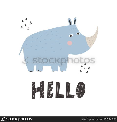 Cute african animal rhinoceros in scandinavian style with lettering - hello. Vector hand-drawn colored children&rsquo;s simple rhinoceros. Cartoon animal. Cute african animal rhinoceros in scandinavian style with lettering - hello. Vector hand-drawn colored children&rsquo;s simple rhinoceros. Cartoon animal.