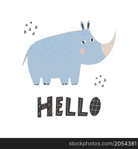 Cute african animal rhinoceros in scandinavian style with lettering - hello. Vector hand-drawn colored children&rsquo;s simple rhinoceros. Cartoon animal. Cute african animal rhinoceros in scandinavian style with lettering - hello. Vector hand-drawn colored children&rsquo;s simple rhinoceros. Cartoon animal.