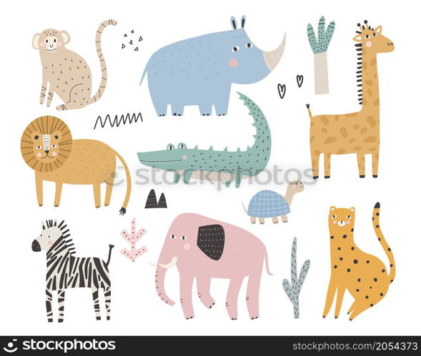 Cute african animals and plants in scandinavian style Vector hand-drawn colored children&rsquo;s simple set Elephant, leopard, turtle, zebra, monkey, crocodile, rhinoceros, lion. Cartoon animals. Cute african animals and plants in scandinavian style Vector hand-drawn colored children&rsquo;s simple set Elephant, leopard, turtle, zebra, monkey, crocodile, rhinoceros, lion. Cartoon animals.