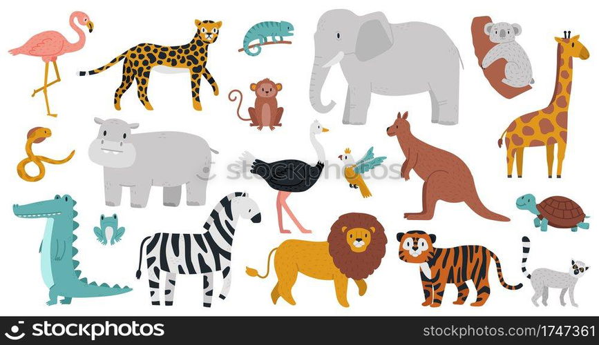 Cute african animals. Wood, jungle or savanna animals, leopard, giraffe, hippo, crocodile and zebra. Wild forest or zoo animals vector illustration set. Giraffe and zebra, wildlife leopard and hippo. Cute african animals. Wood, jungle or savanna animals, leopard, giraffe, hippo, crocodile and zebra. Wild forest or zoo animals vector illustration set