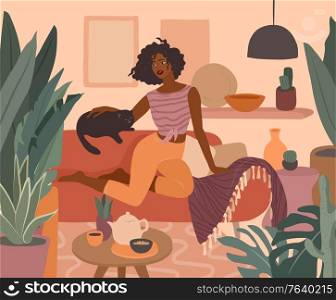 Cute african girl resting with a cat on couch. Feminine Daily life and everyday routine scene by young woman in home interior with homeplants. Cartoon vector illustration. Cute african girl resting with a cat on couch. Feminine Daily life and everyday routine scene by young woman in home interior with homeplants. Cartoon vector