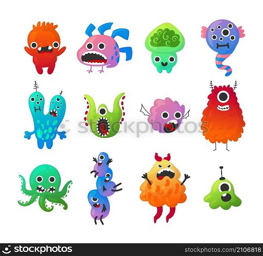 Cute alien character. Cartoon scary space creatures with funny faces. Colorful monster mascots. Pathogen bacteria cells. Isolated angry beasts. Crazy mutants and parasites. Vector comic animals set. Cute alien character. Cartoon scary creatures with funny faces. Colorful monster mascots. Pathogen bacteria cells. Isolated angry beasts. Mutants and parasites. Vector comic animals set