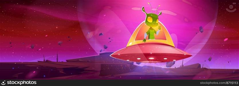 Cute alien in spaceship hover above planet surface. Vector cartoon fantastic illustration of mountain landscape and green extraterrestrial character in flying saucer. Cute alien in spaceship hover above planet surface