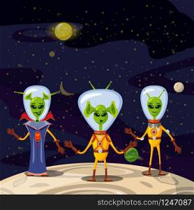Cute Aliens In Space Suits, Spaceship Crew Cartoon Characters In space. Cute Aliens In Space Suits, Spaceship Crew Cartoon Characters In space, vector, isolated