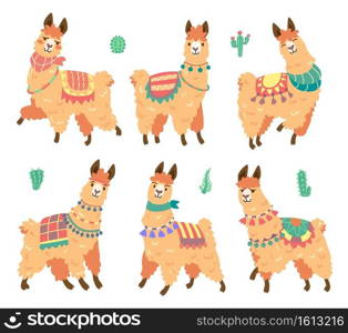 Cute alpaca character with different emotions isolated on white background. Vector set of cartoon mascot, adorable llama smiling, happy, sad and surprised. Creative emoji set, sweet lama chatbot. Cute alpaca character with different emotions