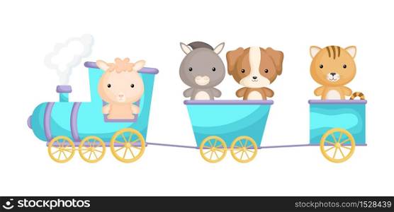 Cute alpaca, donkey, dog and cat ride on train. Graphic element for childrens book, album, scrapbook, postcard or mobile game. Zoo theme. Flat vector illustration isolated on white background.