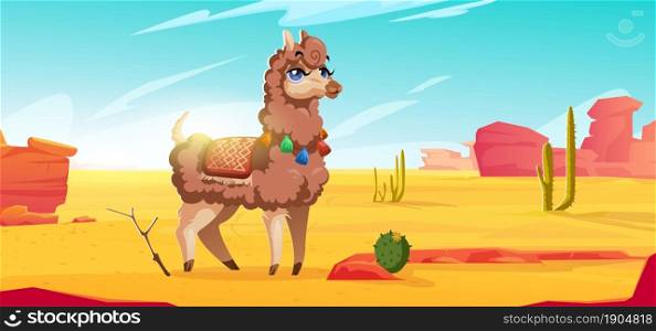 Cute alpaca in mexican desert with red mountains, sand and cactuses. Vector cartoon illustration of desert landscape with rocks, cacti and funny llama. Guanaco in Mexico. Cute alpaca in mexican desert with cactuses