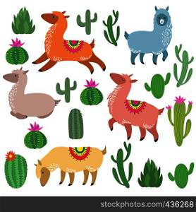 Cute alpaca lamas. Wildlife vector llama characters. Wildlife alpaca and green cactus illustration. Cute alpaca lamas. Wildlife vector llama characters