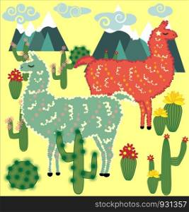 cute Alpaca. Llama animals and cactus. Llama Alpaca. Cartoon animal.