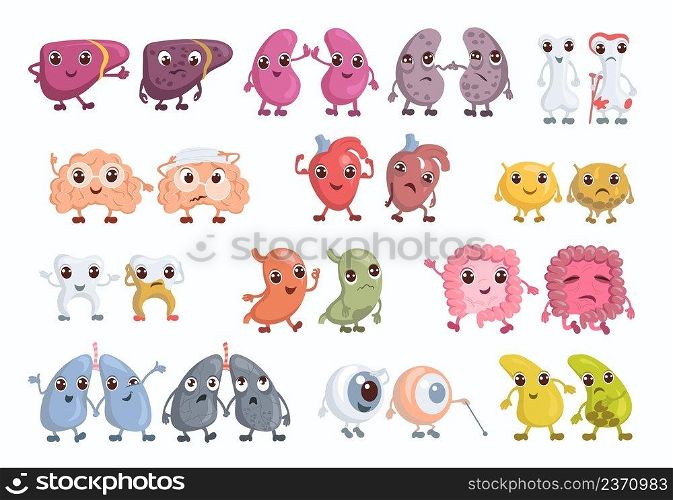 Cute anatomical organs. Healthy or unhealthy body internal parts. Livers and eyes. Lung pairs with funny faces. Bones or teeth. Damaged and whole. Kids medical education. Vector cartoon characters set. Cute anatomical organs. Healthy or unhealthy body parts. Livers and eyes. Lungs with funny faces. Bones or teeth. Damaged and whole. Kids medical education. Vector cartoon characters set
