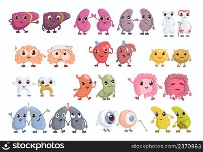 Cute anatomical organs. Healthy or unhealthy body internal parts. Livers and eyes. Lung pairs with funny faces. Bones or teeth. Damaged and whole. Kids medical education. Vector cartoon characters set. Cute anatomical organs. Healthy or unhealthy body parts. Livers and eyes. Lungs with funny faces. Bones or teeth. Damaged and whole. Kids medical education. Vector cartoon characters set