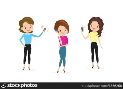 Cute and beauty caucasian girls with smartphones,isolated on white background,flat vector illustration