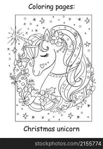 Cute and cheerful cute head of unicorn with christmas wreath on a starry background. Coloring book page for children. Vector cartoon illustration. For coloring books pages, print and game.. Coloring book page cute head of unicorn with christmas wreath