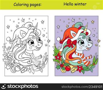 Cute and cheerful head of unicorn with christmas wreath on a starry background. Coloring book page with color template. Vector cartoon illustration. For kids coloring, card, print, design,decor,puzzle. Coloring with template cute unicorn with christmas wreath and stars