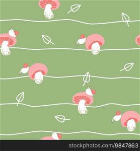 Cute and cozy autumn seamless pattern with mushrooms and snail. Forest fungus - repeating vector hand drawn design for textile or backdrop.  Wild botanical set. Hand drawn scandinavian style illustration