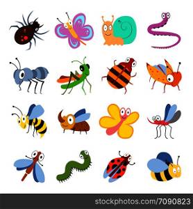 Cute and funny bugs, insects vector collection. Cartoon insects set. Illustration of insect grasshopper and caterpillar, ant and dragonfly. Cute and funny bugs, insects vector collection. Cartoon insects set