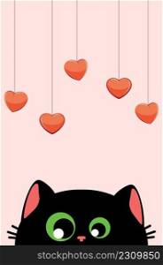 Cute and funny cartoon black cat head with green eyes and red hearts, Valentines day illustration.