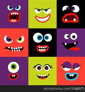 Cute and funny colorful monster faces set in square shape, vector illustration. Colorful monster faces set