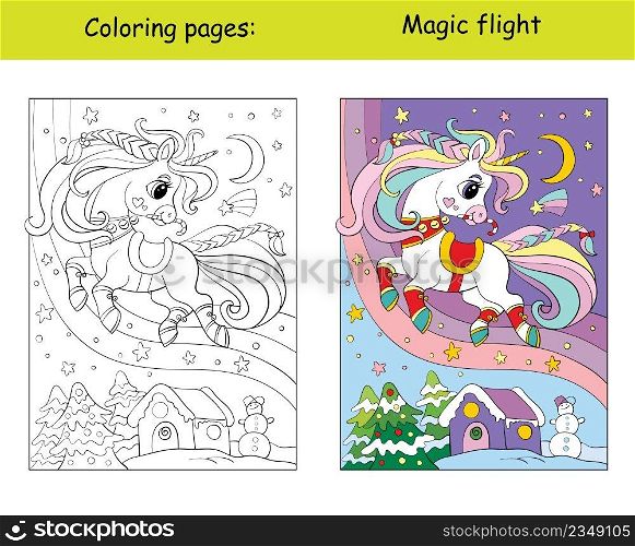 Cute and funny flying unicorn on a winter background. Coloring book page with color template. Vector cartoon illustration. For kids coloring, card, print, design,  decor and puzzle.