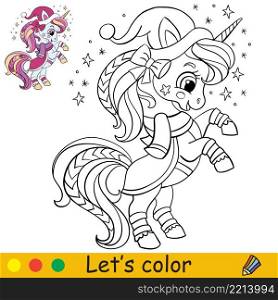 Cute and funny little standing christmas unicorn. Coloring book page with color template. Vector cartoon illustration. For kids coloring, card, print, design, decor and puzzle.
