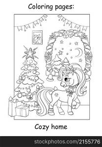 Cute and funny unicorn in a cozy house with a Christmas tree. Coloring book page for children. Vector cartoon illustration. For coloring books pages, print and game.. Coloring book page cute unicorn in a cozy house