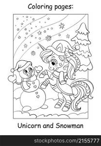 Cute and funny unicorn with a snowman on a winter background. Coloring book page for children. Vector cartoon illustration. For coloring books pages, print and game.. Coloring book page cute unicorn with a snowman
