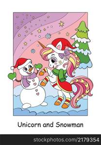 Cute and funny unicorn with a snowman on a winter background. Vector cartoon illustration. For card, print, design, stickers, decor, kids apparel, puzzle and game.. Cute unicorn with a snowman vector color illustration