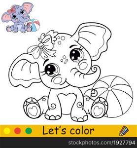 Cute and happy baby elephant sitting with a ball. Coloring book page with colorful template for kids. Vector cartoon isolated illustration. For print, game, education, party, design,decor. Cartoon cute elephant sitting with a ball coloring