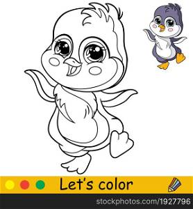 Cute and happy dancing penguin boy. Coloring book page with colorful template for kids. Vector cartoon isolated illustration. For print, game, education, party, design,decor