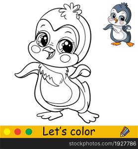 Cute and happy dancing penguin. Coloring book page with colorful template for kids. Vector cartoon isolated illustration. For print, game, education, party, design,decor. Cartoon cute and happy dancing penguin coloring