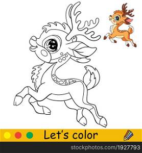 Cute and happy jumping deer. Coloring book page with colorful template for kids. Vector cartoon isolated illustration. For print, game, education, party, design,decor. Cartoon cute and happy jumping deer coloring