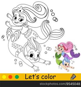 Cute and happy little boy and girl mermaid twins. Vector cartoon black and white illustration. Kids coloring page with a color sample. For print, design, poster, sticker, decoration, t shirt design. Kids coloring little mermaid twins vector illustration