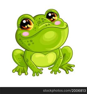 Cute and happy little green frog. Cartoon frog character. Vector cartoon isolated illustration. For postcard, posters, design, greeting card, stickers, decor, kids apparel and embroidery. Cute and happy green frog vector illustration