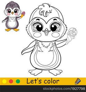 Cute and happy penguin holds an ice cream. Coloring book page with colorful template for kids. Vector cartoon isolated illustration. For print, game, education, party, design,decor. Cartoon cute penguin with an ice cream coloring