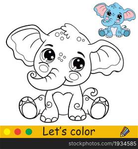 Cute and happy sitting baby elephant. Coloring book page with colorful template for kids. Vector cartoon isolated illustration. For print, game, education, party, design,decor. Cartoon cute sitting elephant coloring book page