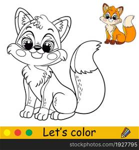 Cute and happy sitting baby fox. Coloring book page with colorful template for kids. Vector isolated cartoon illustration. For print, game, education, party, design,decor