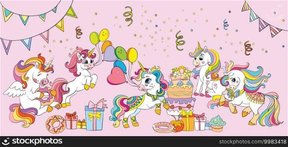 Cute and happy unicorns celebrating birthday party. Vector horizontal colorful illustration. Poster for party, print, baby shower, wallpaper, design, decor, design cushion, linen, dishes. Colorful vector illustration cute and happy party unicorns